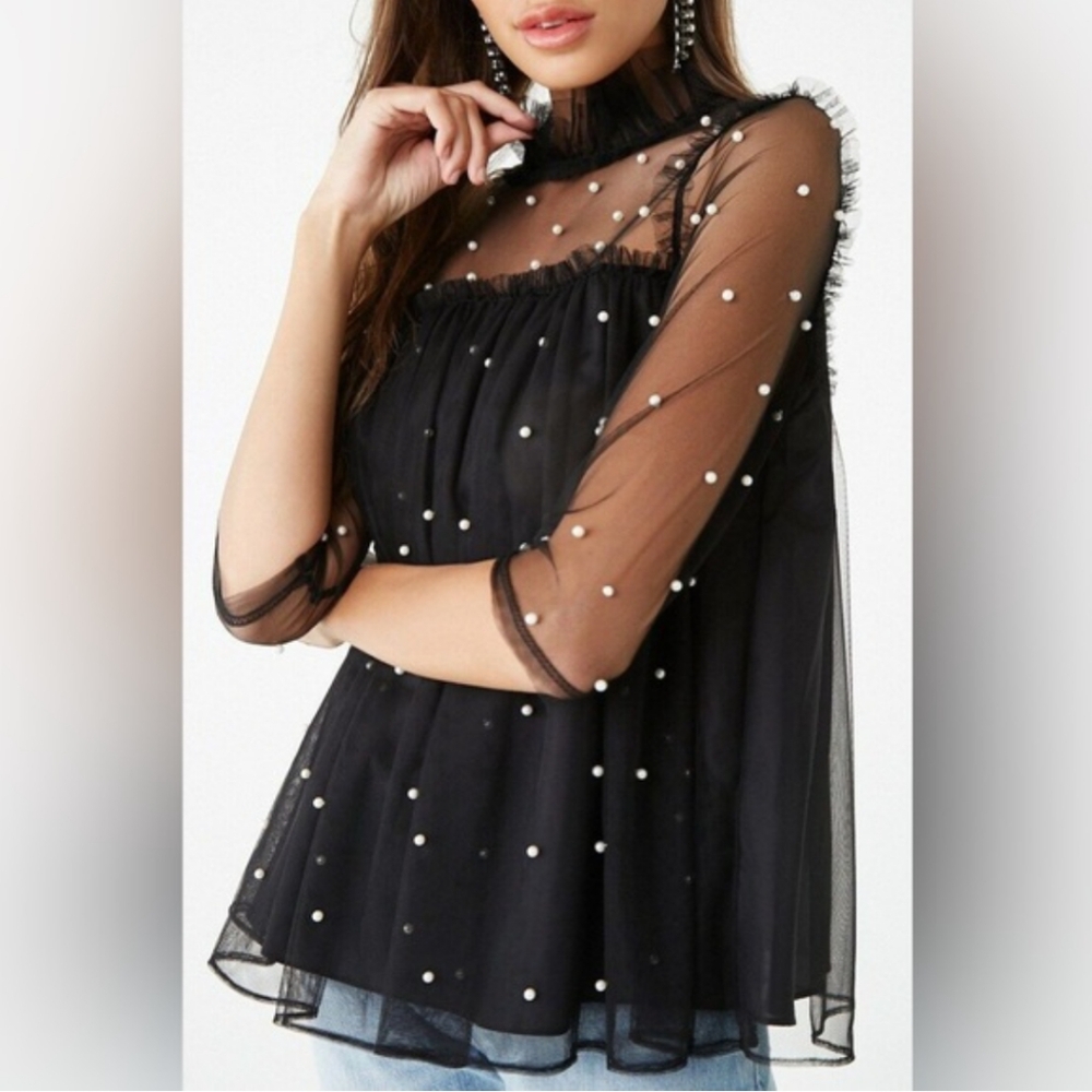 Forever 21 Black Sheer Pearl-Embellished Mesh Blouse